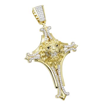 Men's Diamond Lion Head Cross Pendant | 10K Gold | 3.29ct