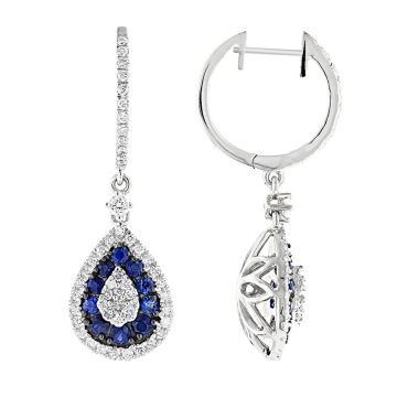 Women's 14K Gold Sapphire Diamond Drop Earrings | Pave Prong Set | Hinged Back | 2ct