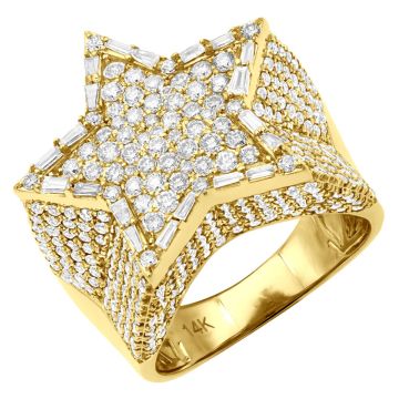 14K Gold Diamond Signet Star Pinky Ring for Men 4ct