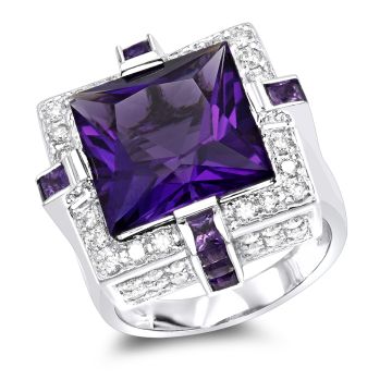 14K Gold Amethyst Diamond Cocktail Right Hand Ring for Women | 14.15ct | Prong Channel Set