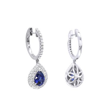 Women's 14K Gold Sapphire Diamond Drop Earrings | Pave Prong Set | Hinged Back | 4.6ct