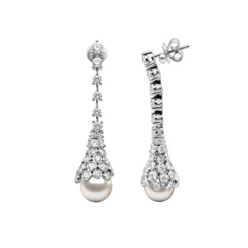 Women's 18K Gold Pearl Diamond Drop Earrings | Bezel Prong Set | 4.5ct