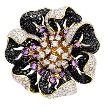 18K Gold Amethyst Diamond Black Cocktail Right Hand Ring for Women | 12.5ct | Prong Bezel Set