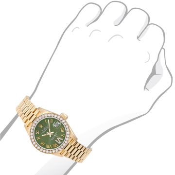 Women's 18K Gold Diamond Watch | Rolex Datejust 26 mm | Arabic Numerals | Green Dial