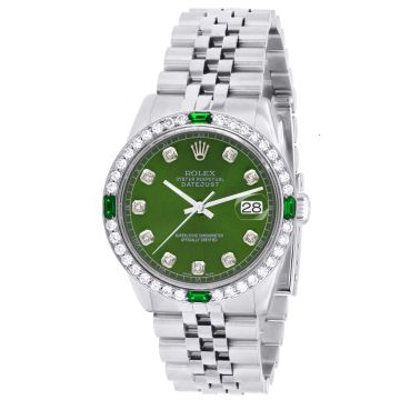 Stainless Steel Men's Rolex Watch | Oyster Perpetual Datejust | 36 mm | Jubilee Bracelet | Diamond Emerald Bezel | Green Dial