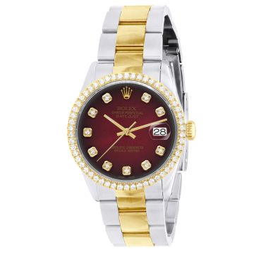 Gold/Stainless Steel Men's Rolex Watch | Oyster Perpetual Datejust | 36 mm | Oyster Bracelet | Diamond Bezel | Dark Red Dial