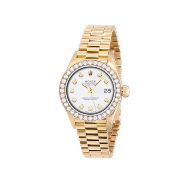 18K Gold Women's Rolex Watch | Oyster Perpetual Datejust | 26 mm | President Bracelet | Diamond Bezel | White Dial