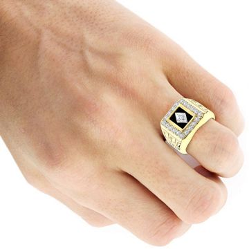 14K Gold Onyx Diamond Signet Pinky Ring for Men | 1.68ct | Prong Set