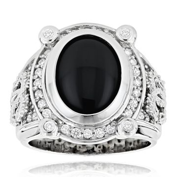 Men's 14K Gold Onyx Diamond Bezel Ring 0.65ct