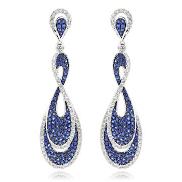 Women's 14K Gold Sapphire Diamond Drop Chandelier Earrings | Bezel Pave Set | Push Back | 3.97ct