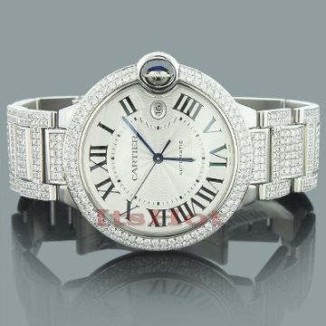 Men's Stainless Steel Iced-Out Diamond Watch | Cartier Ballon de Cartier 40 mm | Roman Numerals | White Dial