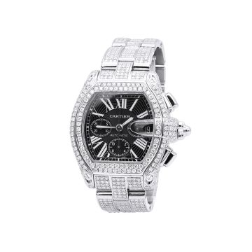 Men's and Women's Stainless Steel Bust Down Diamond Watch | Cartier Roadster 39 mm | Roman Numerals | Black Dial