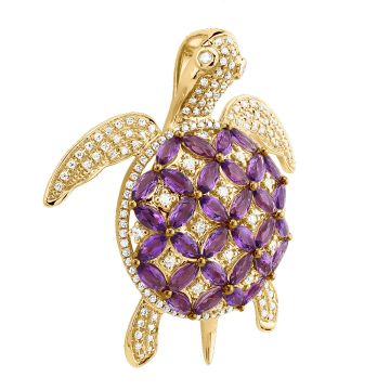 14K Gold Amethyst and Diamond Turtle Pendant for Women | Animal | 3ct