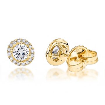 Pave Prong Halo Cut Diamond Stud Earrings for Men and Women | 14K Gold | Screw Back | 1ct