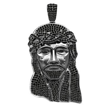 Men's Sterling Silver Black Diamond Jesus Face Pendant | 12ct