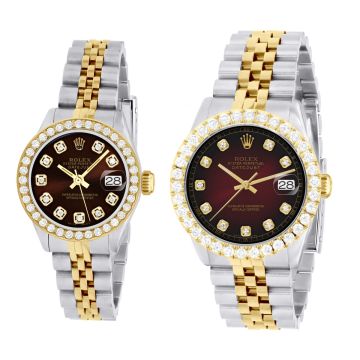 Stainless Steel Men's and Women's Rolex Watch | Datejust | 36 mm | Jubilee Bracelet | Diamond Bezel | Dark Red Dial