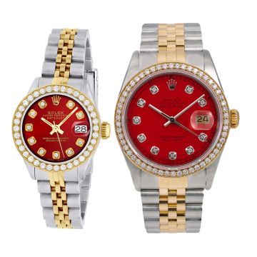 Men's and Women's Stainless Steel Diamond Watch | Rolex Datejust 36 mm | Dot | Red Dial