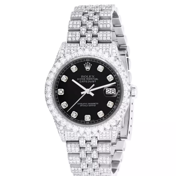 Men's Stainless Steel Bust Down Diamond Watch | Rolex Datejust 36 mm | Dot | Black Dial