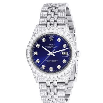 Men's Stainless Steel Iced-Out Diamond Watch | Rolex Datejust 36 mm | Dot | Blue Dial