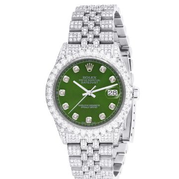 Men's Stainless Steel Iced-Out Diamond Watch | Rolex Datejust 36 mm | Dot | Green Dial