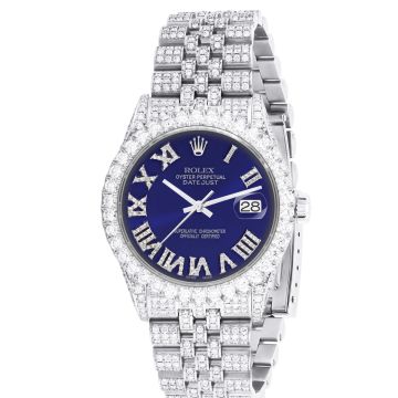 Men's Stainless Steel Bust Down Diamond Watch | Rolex Datejust 36 mm | Roman Numerals | Dark Blue Dial