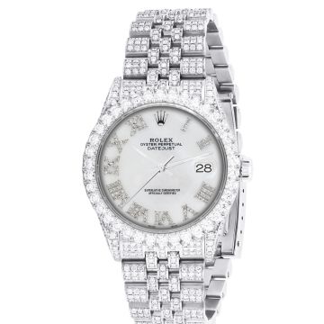 Men's Stainless Steel Iced-Out Diamond Watch | Rolex Oyster Perpetual Datejust 36 mm | Roman Numerals | White Dial