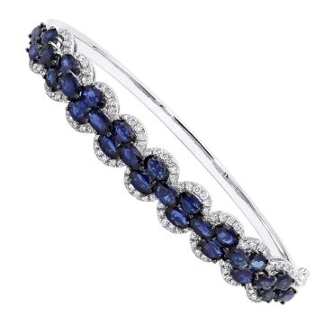 Women's 14K Gold Sapphire and Diamond Bangle Bracelet | Pave Prong Set | 9.5ct