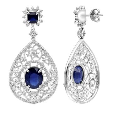 Women's 18K Gold Sapphire Diamond Drop Earrings | Pave Prong Set | Push Back | 18.26ct