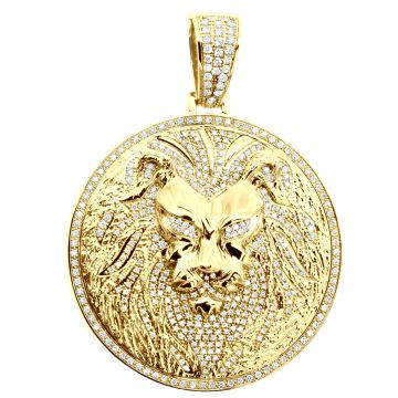 Men's 14K Gold Diamond Lion Face Pendant | Round Medallion | 10ct