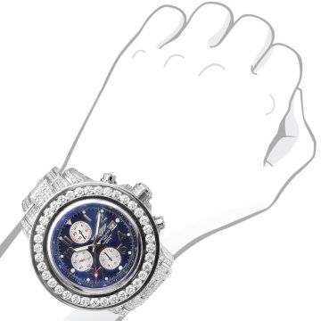 Men's Stainless Steel Iced-Out Diamond Watch | Breitling Super Avenger 52 mm | Blue Dial