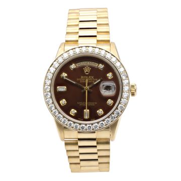 18K Gold Men's Rolex Watch | Oyster Perpetual Day-Date | 36 mm | President Bracelet | Diamond Bezel | Brown Dial