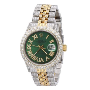 Men's Gold/Stainless Steel Bust Down Two-Tone Diamond Watch | Rolex Oyster Perpetual Datejust 36 mm | Roman Numerals | Green Dial