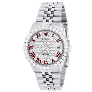 Women's Stainless Steel Iced-Out Diamond Watch | Rolex Datejust 36 mm | Roman Numerals | Silver Tone Dial