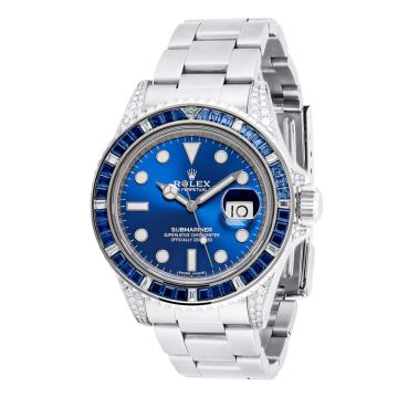 Stainless Steel Men's Rolex Watch | Submariner | 40 mm | Oyster Bracelet | Diamond Sapphire Bezel | Blue Dial