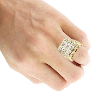 Men's 14K Gold Baguette and Round Cut Diamond Signet Pinky Ring | Prong Set | 3.5ct