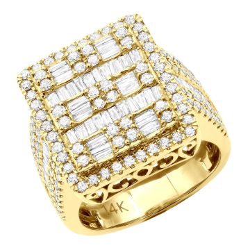 Men's 14K Gold Baguette and Round Cut Diamond Signet Pinky Ring | Prong Set | 3.5ct