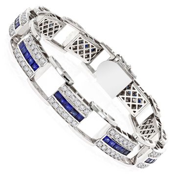 Men's and Women's 14K Gold Sapphire and Diamond Bracelet | Pave Set | Box Lock Clasp | 7.95ct