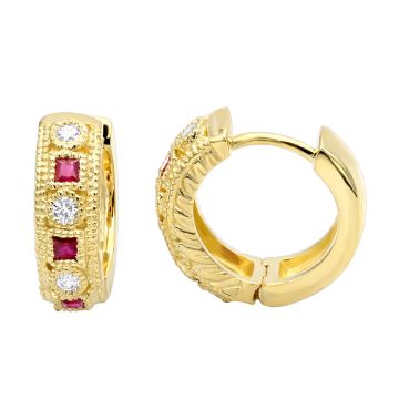 Men's and Women's 14K Gold Ruby Diamond Hoop Earrings | Flush Set | Hinged Back | 0.5ct