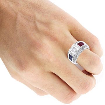 Men's 18K Gold Ruby Sapphire Princess and Round Diamond Signet Ring 3.5ct