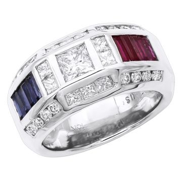 Men's 18K Gold Ruby Sapphire Princess and Round Diamond Signet Ring 3.5ct