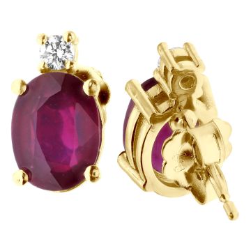 Women's 18K Gold Ruby Diamond Stud Earrings | Prong Set | Push Back | 3.74ct