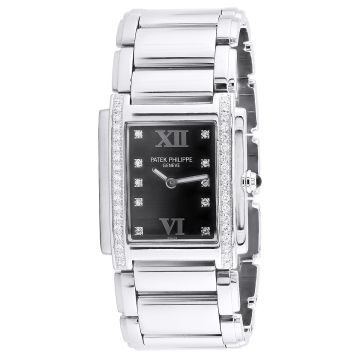 Stainless Steel Women's Patek Philippe Watch | Twenty~4 | 25 mm | Diamond Bezel | Black Dial