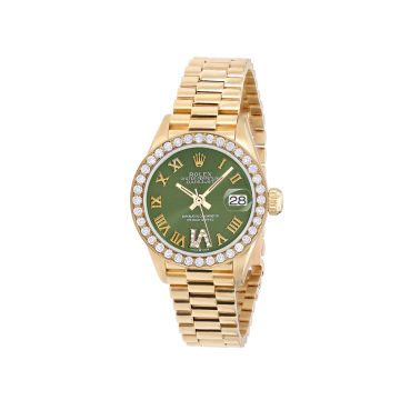 Women's 18K Gold Diamond Watch | Rolex Datejust 26 mm | Arabic Numerals | Green Dial