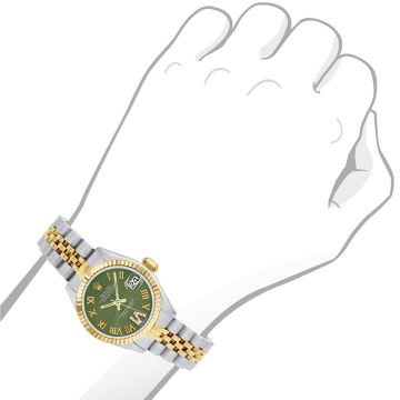 Women's Gold/Stainless Steel Two-Tone Watch | Rolex Oyster Perpetual Datejust 26 mm | Roman Numerals | Green Dial