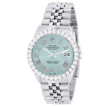 Women's Stainless Steel Diamond Watch | Rolex Datejust 36 mm | Roman Numerals | Light Blue Dial